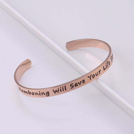 ステンレス鋼 カフ バングル ブレスレット ローズゴールド 文字“ Hamboning Will Save Your Life Someday ” 腐食 20cm 長さ、 1 個 の画像