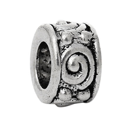 50 PCs Zinc Based Alloy European Style Large Hole Charm Beads Antique Silver Color Round Spiral 8mm Dia., Hole: Approx 4.5mm