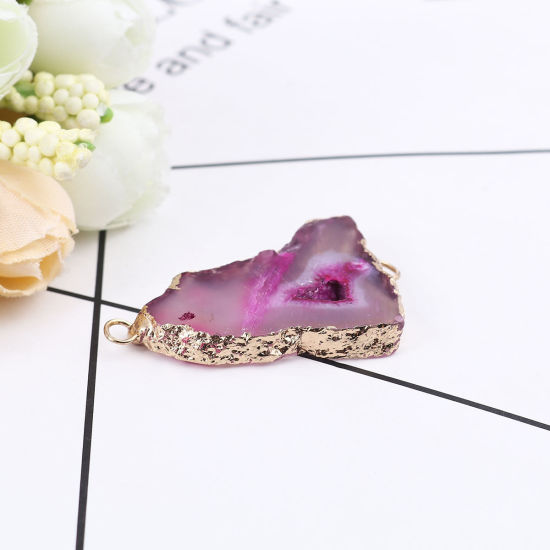 Picture of (Grade A) Agate ( Natural ) Connectors Irregular Gold Plated Fuchsia 43mm x 27mm, 5 PCs