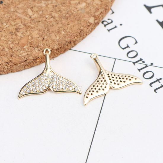 Picture of Zinc Based Alloy Charms Fishtail 18K Real Gold Plated Clear Rhinestone 20mm x 16mm, 30 PCs