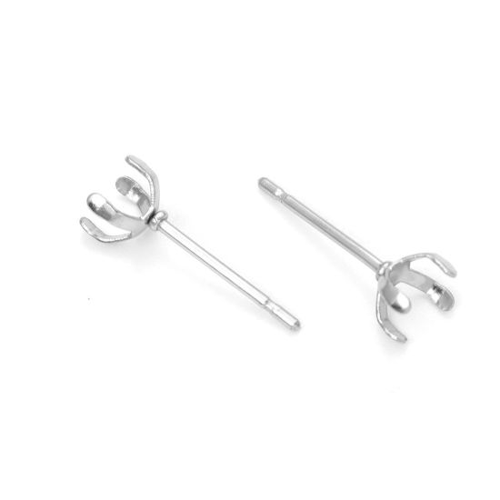 Picture of 304 Stainless Steel Ear Post Stud Earrings Round Silver Tone Cabochon Settings (Fits 5mm Dia.) 6mm Dia., Post/ Wire Size: (21 gauge), 100 PCs