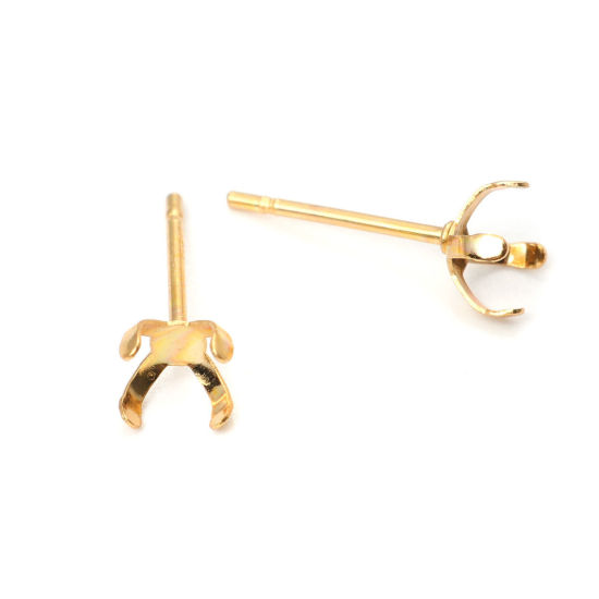 Picture of 304 Stainless Steel Ear Post Stud Earrings Round Gold Plated Cabochon Settings (Fits 5mm Dia.) 6mm Dia., Post/ Wire Size: (21 gauge), 100 PCs