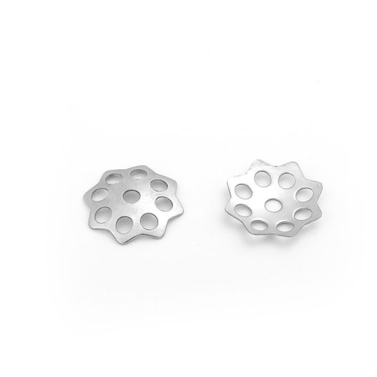 Picture of 304 Stainless Steel Beads Caps Flower Silver Tone (Fits 14mm Beads) 11mm x 11mm, 100 PCs