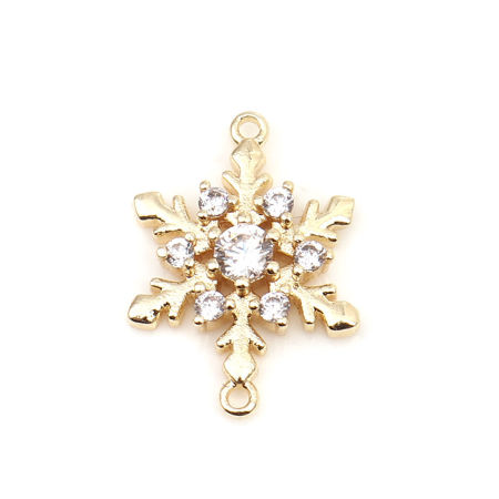 Picture of Brass Connectors Christmas Snowflake 18K Real Gold Plated Micro Pave Clear Rhinestone 17mm x 12mm, 50 PCs