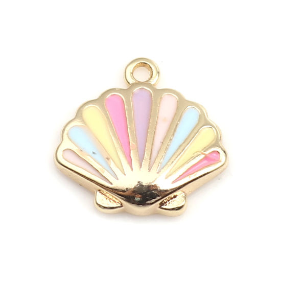 Bild von Messing Charms Jakobsmuschel 18K Echtgold plattiert Bunt Emaille 10mm x 10mm, 50 Stück