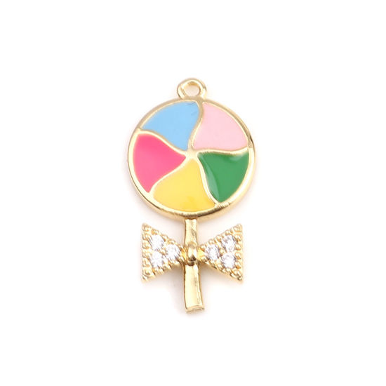 Image de Breloques en Laiton Sucette Plaqué Or Véritable 18K Multicolore Émail à Strass Transparent 20mm x 10mm, 50 Pcs