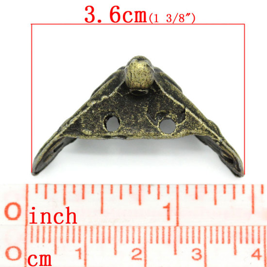 Picture of Zinc Based Alloy Box Corner Protectors Triangle Antique Bronze Carved 3.6cm x 1.8cm(1 3/8"x 6/8"), 10 PCs