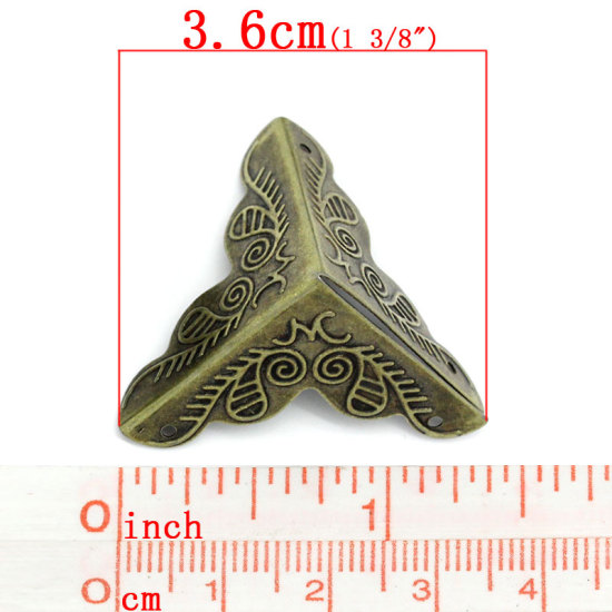 Picture of Iron Based Alloy Box Corner Protectors Triangle Antique Bronze Vine Carved 3.6cm x 1.9cm(1 3/8"x 6/8"), 30 PCs