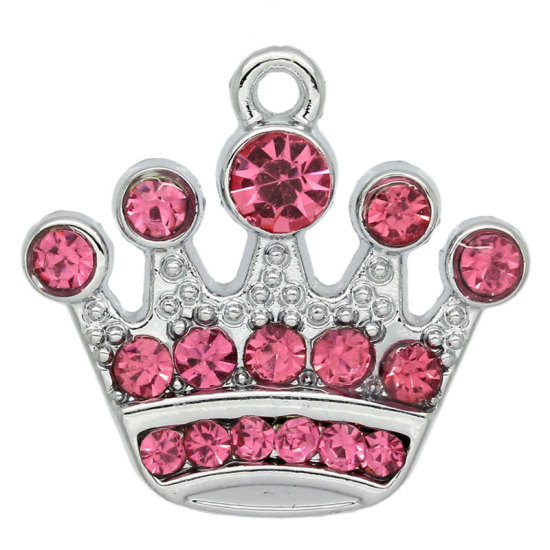 Picture of Zinc Metal Alloy Charm Pendants Crown Silver Tone With Pink Rhinestone 20mm x 21mm( 6/8"x 7/8"), 5 PCs