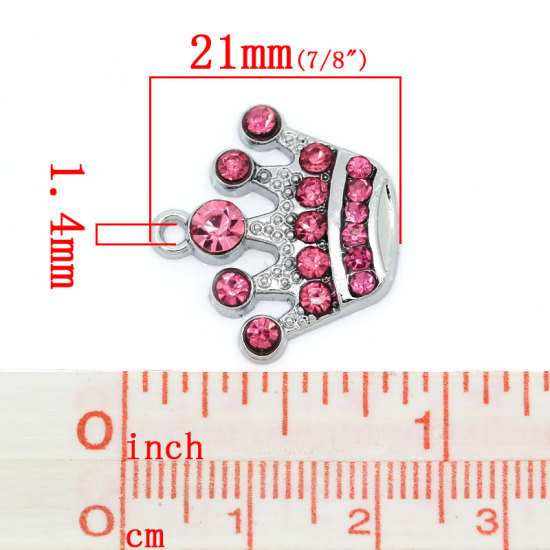 Picture of Zinc Metal Alloy Charm Pendants Crown Silver Tone With Pink Rhinestone 20mm x 21mm( 6/8"x 7/8"), 5 PCs