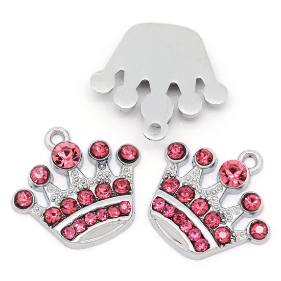 Picture of Zinc Metal Alloy Charm Pendants Crown Silver Tone With Pink Rhinestone 20mm x 21mm( 6/8"x 7/8"), 5 PCs