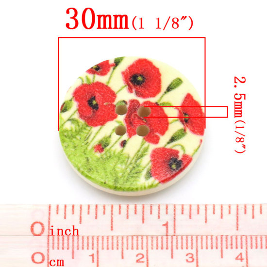 Imagen de Costura Botón Cuatro Agujeros Madera de Ronda,Multicolor,Flor 3cm Diámetro, 50 Unidades
