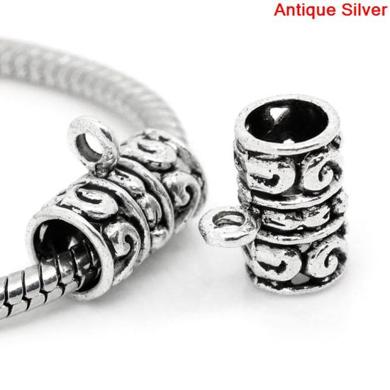 Picture of European Charm Bail Beads Column/Cylinder Antique Silver Color Flower Pattern Carved Fit European Bracelet 13x12mm,Hole:Approx 2.3mm 6mm,50PCs