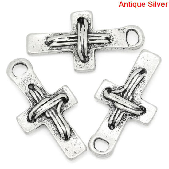 Immagine di Lega di Zinco Charm Ciondoli Croce Argento Antico Nulla Disegno 23.0mm x 12.0mm, 50 Pz