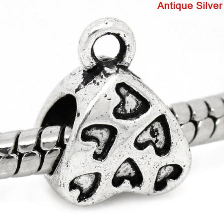 Image de Bélières pour Européen Bracelet en Alliage de Zinc Forme Cœur Argent vieilli Coeur, 11mm x 8mm, 100 Pièces