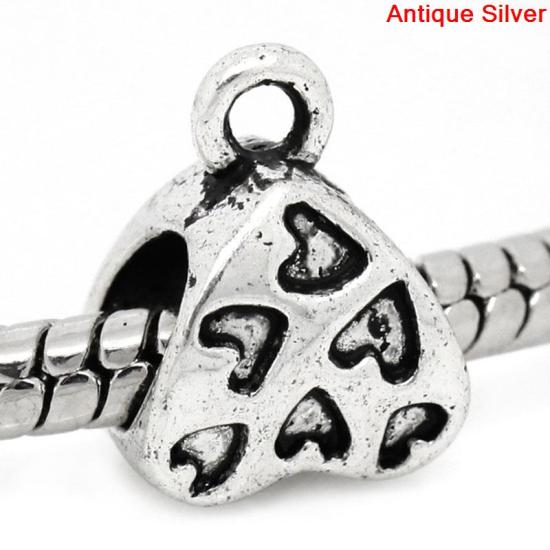 Bild von European Stil Zinklegierung Element Perlen Für European Armband Herz Antik Silber, mit Herz Muster, 5mm, 1.5mm, 11mm x 8mm, 100 Stücke