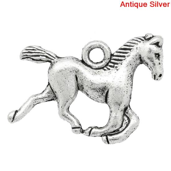 Picture of Zinc Metal Alloy Charm Pendants Horse Animal Antique Silver Color 15mm( 5/8") x 19mm( 6/8"), 100 PCs