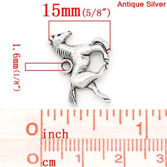 Picture of Zinc Metal Alloy Charm Pendants Horse Animal Antique Silver Color 15mm( 5/8") x 19mm( 6/8"), 100 PCs