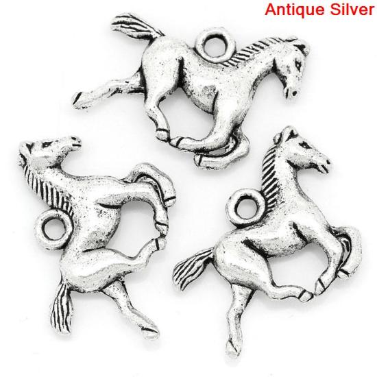 Picture of Zinc Metal Alloy Charm Pendants Horse Animal Antique Silver Color 15mm( 5/8") x 19mm( 6/8"), 100 PCs