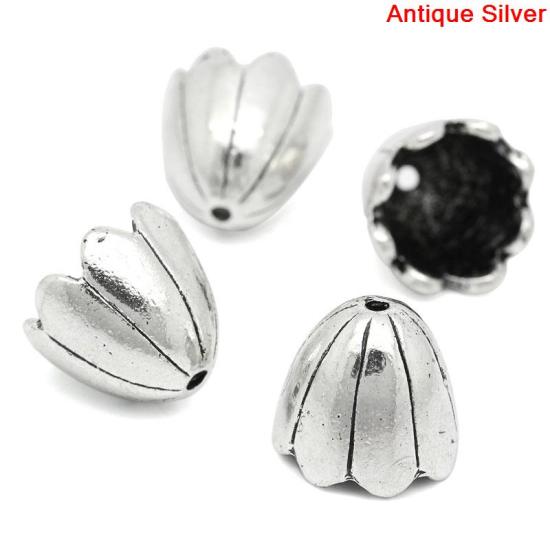 Picture of Zinc Based Alloy Beads Caps Flower Antique Silver Color Stripe Carved (Fits 20mm Beads) 17mm x 15mm, 30 PCs