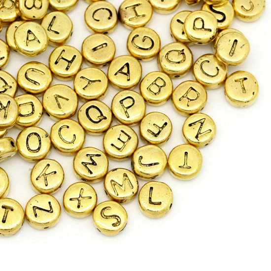 Picture of Zinc Based Alloy Spacer Beads Round Gold Tone Antique Gold Alphabet/Letter Carved About 7mm Dia, Hole:Approx 0.5mm, 50 PCs