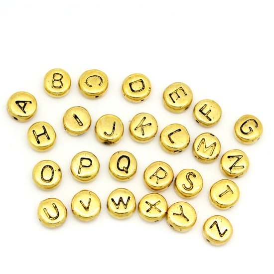Picture of Zinc Based Alloy Spacer Beads Round Gold Tone Antique Gold Alphabet/Letter Carved About 7mm Dia, Hole:Approx 0.5mm, 50 PCs
