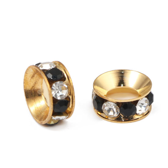 Immagine di Ottone + Strass Stile Europeo Perline Tondo Oro Placcato Bianco Strass Circa 11mm Dia, Foro: Circa 5.0mm, 10 Pz