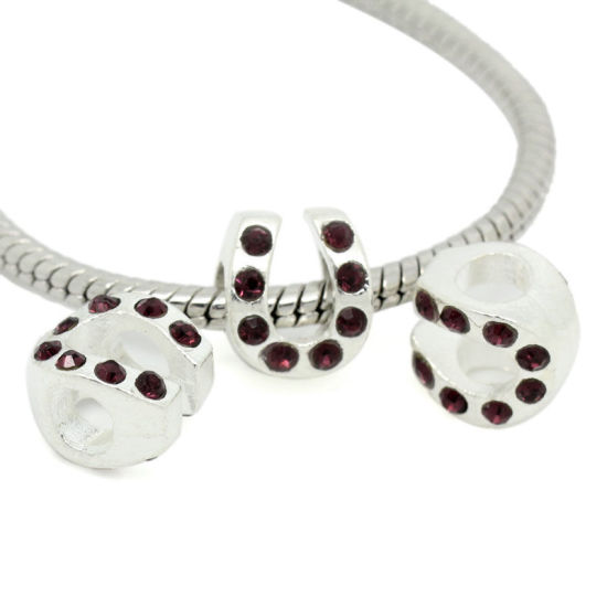 Immagine di Lega di Zinco Stile Europeo Perline Ferro di Cavallo Argento Placcato Viola Scuro Strass Circa 11.0mm x 9.0mm, Foro: Circa 4.8mm, 5 Pz