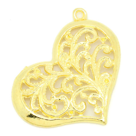 Picture of Zinc Based Alloy Pendants Gold Plated Heart Filigree (Can Hold ss4 Pointed Back Rhinestone) 37mm x 29mm, 3 PCs