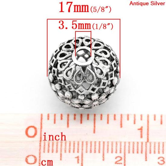 真鍮 スペーサ ビーズ 円形 銀古美 花パターン 約17mm 直径、 　穴：約3.5mm、 5 PCs の画像