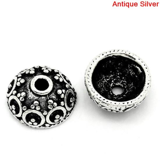 Picture of Zinc Based Alloy Beads Caps Flower Antique Silver Color Carved Pattern (Fit Beads Size: 20mm Dia.) 10mm Dia, 100 PCs