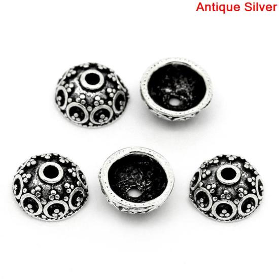 Picture of Zinc Based Alloy Beads Caps Flower Antique Silver Color Carved Pattern (Fit Beads Size: 20mm Dia.) 10mm Dia, 100 PCs