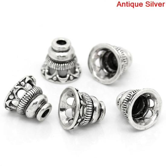 Picture of Brass Beads Caps Bell Antique Silver Color Hollow (Fits 18mm Beads) 10mm( 3/8") x 9mm( 3/8"), 10 PCs                                                                                                                                                          