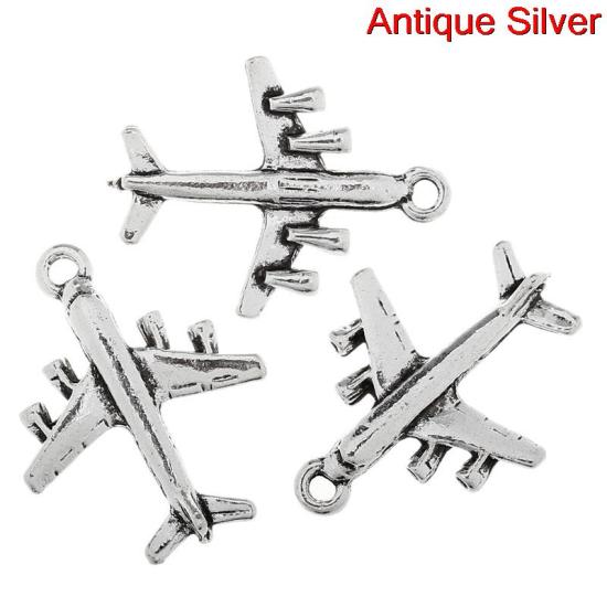 Picture of Zinc Based Alloy Pendants Travel Airplane Antique Silver Color 30mm(1 1/8") x 23mm( 7/8"), 4 PCs