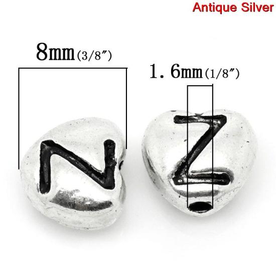 Picture of Zinc Based Alloy Spacer Beads Heart Antique Silver Color At Random Mixed Alphabet/Letter Carved About 8mm x 7mm, Hole:Approx 1.6mm, 100 PCs