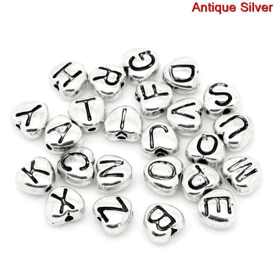 Picture of Zinc Based Alloy Spacer Beads Heart Antique Silver Color At Random Mixed Alphabet/Letter Carved About 8mm x 7mm, Hole:Approx 1.6mm, 100 PCs
