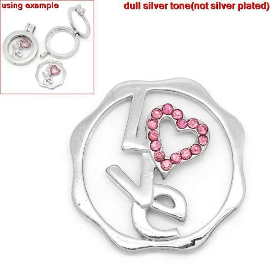 Immagine di Lega + Strass Cabochon per Abbellimento Tondo Tono Argento Con Strass Lettere Disegno 24.0mm x 23.0mm, 5 Pz