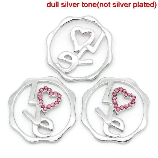 Immagine di Lega + Strass Cabochon per Abbellimento Tondo Tono Argento Con Strass Lettere Disegno 24.0mm x 23.0mm, 5 Pz