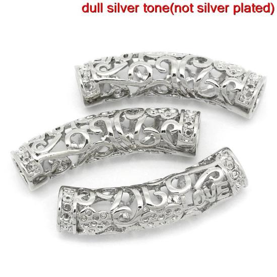 Picture of Brass Filigree Spacer Beads Curved Tube Silver Tone "Love" & Heart Carved About 29mm(1 1/8") x 9mm( 3/8"), Hole:Approx 4.4mm, 5 PCs                                                                                                                           