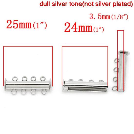 Picture of Brass 4 Strand Magnetic Slide Lock Clasps Cylinder Silver Tone 25mm(1") x 10mm( 3/8"), 5 Sets