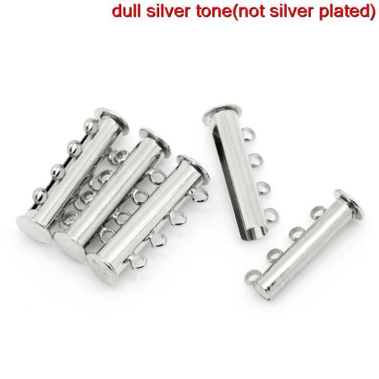 Picture of Brass 4 Strand Magnetic Slide Lock Clasps Cylinder Silver Tone 25mm(1") x 10mm( 3/8"), 5 Sets