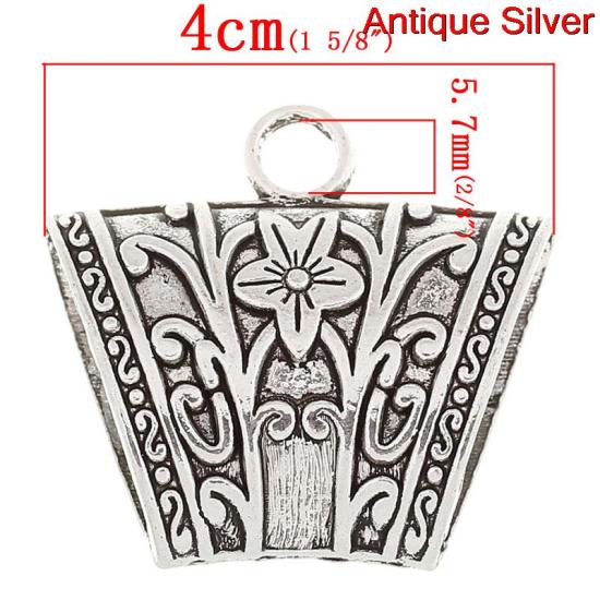 Picture of Bail Beads for Wrap Scarf Antique Silver Color Flower Pattern Carved 4cm x 3.8cm,5PCs