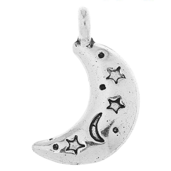 Immagine di Lega di Zinco Charm Ciondoli Luna Argento Antico Stella Disegno 19mm x 11mm, 100 Pz