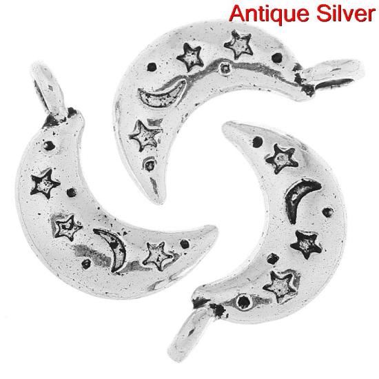 Immagine di Lega di Zinco Charm Ciondoli Luna Argento Antico Stella Disegno 19mm x 11mm, 100 Pz