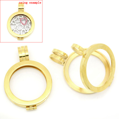304 Stainless Steel Locket Pendants Round Gold Plated Hollow Fit Back Plate Findings Setting 3.8cm x 2.7cm(1 4/8"x1 1/8"), 1 Piece