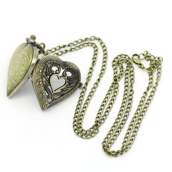 Picture of Pocket Watches Love Heart Antique Bronze Battery Included 82cm(32 2/8")long,1Piece
