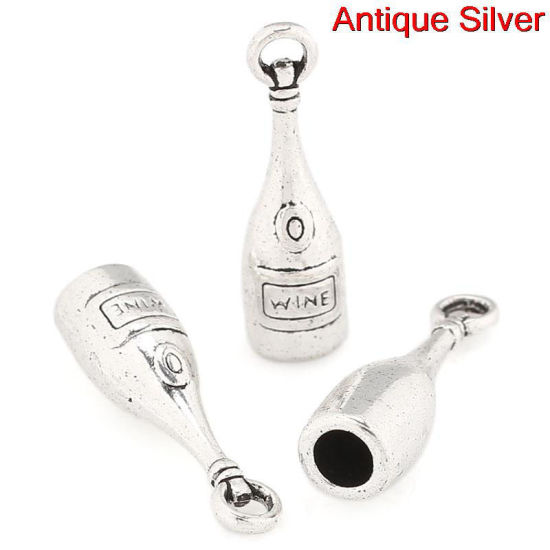 250 個 亜鉛合金 チャーム 銀古美 ボトル 文字「 wine」 27.5mm x 8mm、 の画像