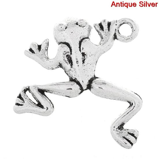 Picture of Zinc Metal Alloy Charm Pendants Frog Animal Antique Silver Color 18mm( 6/8") x 17mm( 5/8"), 50 PCs