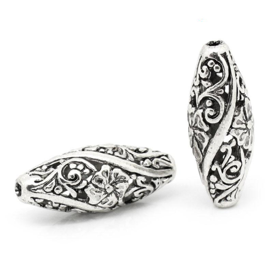 Picture of Zinc Based Alloy Filigree Spacer Beads Oval Antique Silver Color Flower Hollow Carved About 26mm x 11mm, Hole:Approx 1.9mm, 10 PCs
