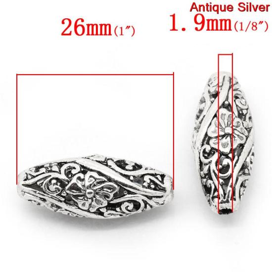 Picture of Zinc Based Alloy Filigree Spacer Beads Oval Antique Silver Color Flower Hollow Carved About 26mm x 11mm, Hole:Approx 1.9mm, 10 PCs